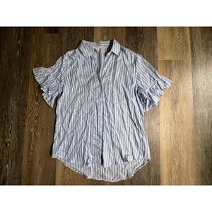 Beachlunchlounge Button Down Women Small Blue Striped Ruffle Sleeve Blouse